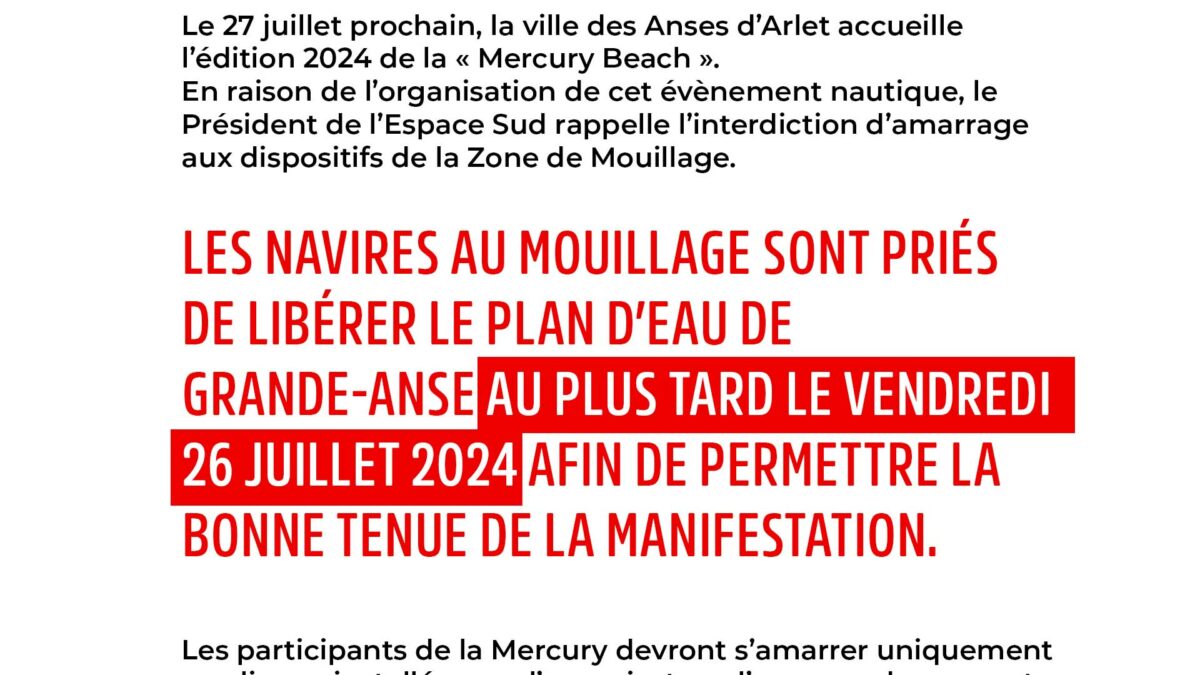 Les Anses d’Arlet : communiqué de l’Espace Sud à l’occasion de la manifestation “Mercury Beach 2024”