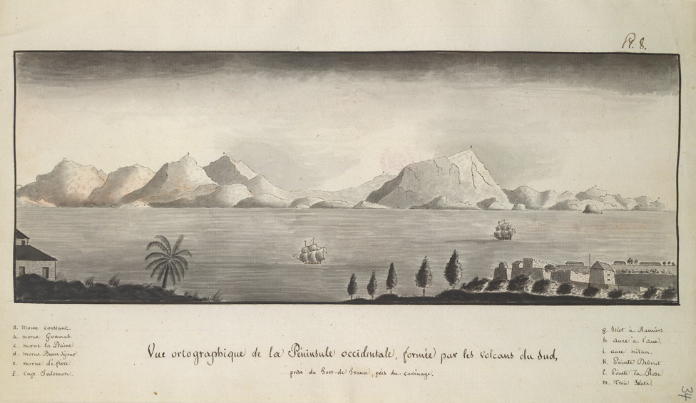 Vue ortographique de la Pèninsule occidentale, formèe par les Volcans du Sud, prise du Fort-de-France,