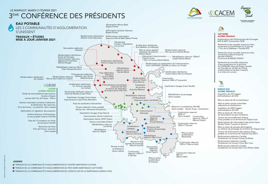 Carte des travaux en cours pour l'eau dans les trois EPCI de Martinique (Janvier 2021)