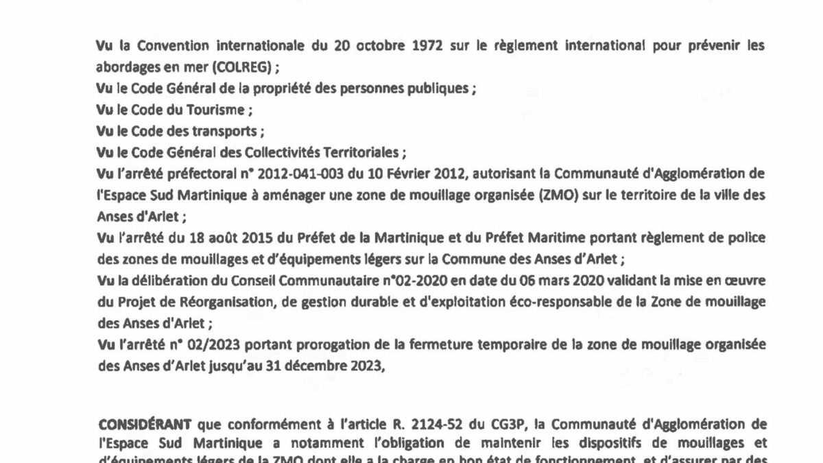 Arrêté : travaux à la Zone de Mouillage Organisée de Les Anses d’Arlet (18 – 27 octobre 2023)