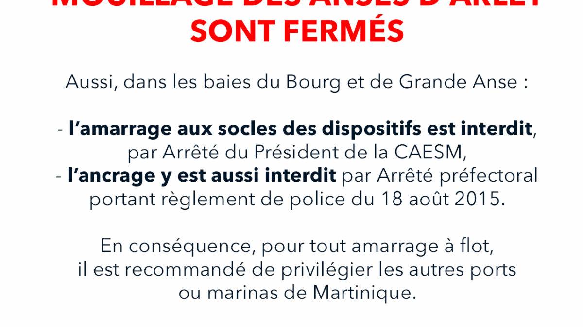 Les plans d’eau de la Zone de Mouillage des Anses d’Arlet, sont fermés. (26/12/2025)