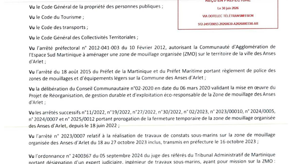 ZONE DE MOUILLAGE DES ANSES-D’ARLET : FERMETURE PROROGÉE JUSQU’AU 31 DÉCEMBRE 2026
